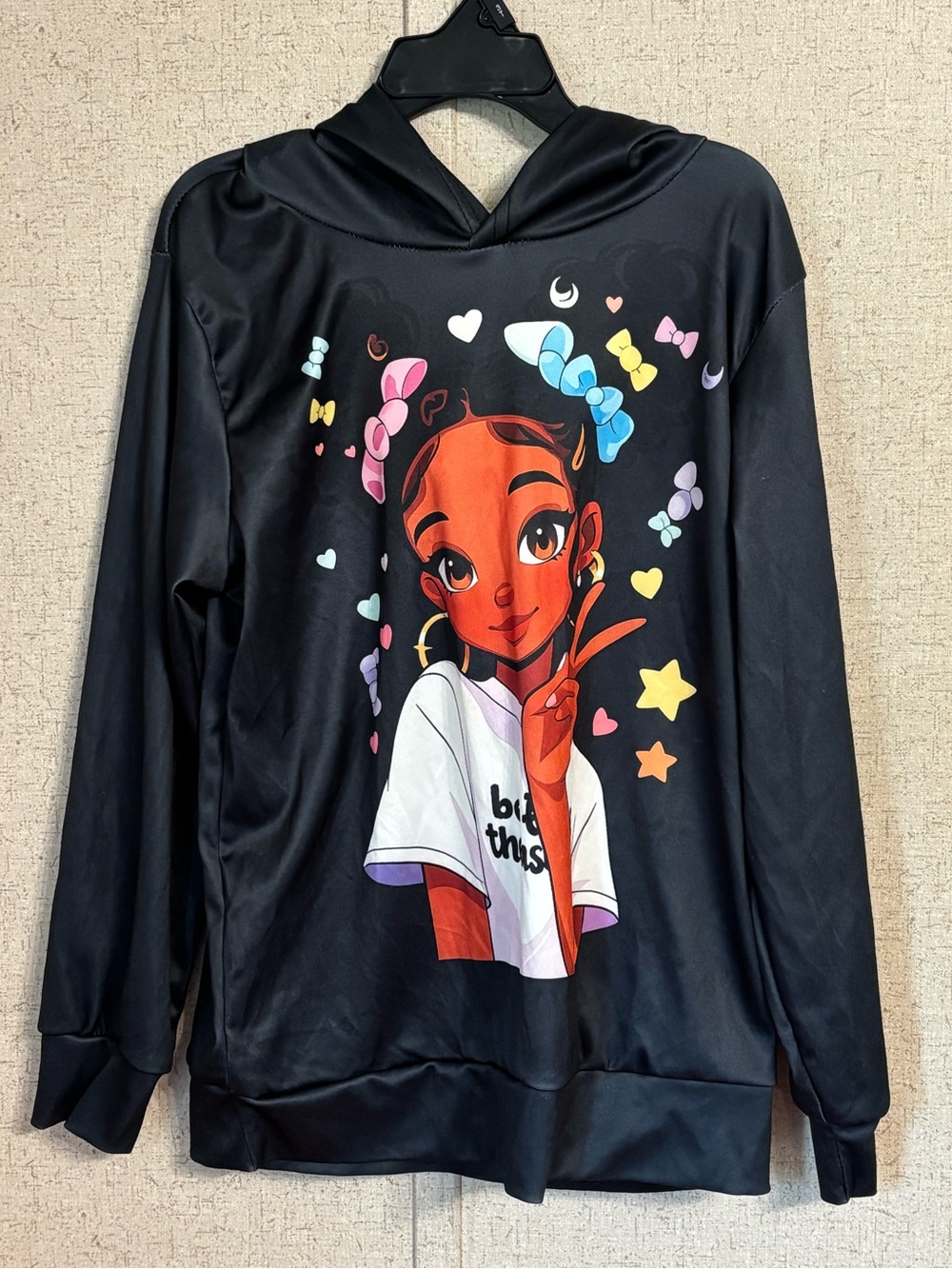 Black Hoodie with Colorful Cartoon Girl Graphic princess